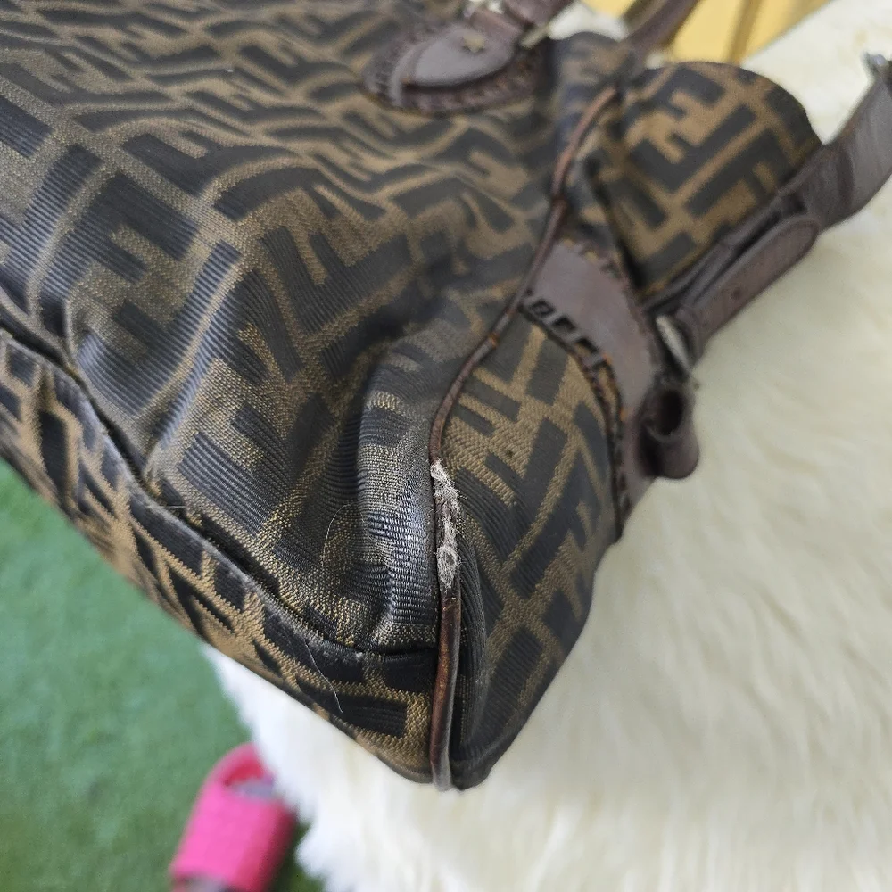 FENDI Zucca Etnico Handbag Tote Bag Nylon Canvas Leather Khaki Dark Brown - Picture 14 of 16